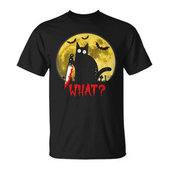 Cat What Murderous Black Cat Holding Knife Funny Halloween Unisex T-Shirt - Monsterry AU