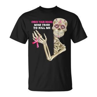 Check Your Boobs Skeleton Hand Breast Cancer Awareness Pink T-Shirt | Mazezy