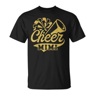 Cheer Mimi Biggest Fan Cheerleader Black Yellow Gold Pom Pom T-Shirt - Seseable