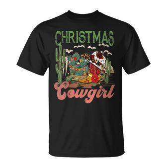 Christmas Cowgirl Western Christmas Cowboy Christmas Boots Unisex T-Shirt | Mazezy
