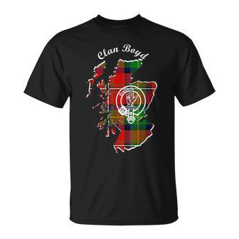 Clan Boyd Surname Last Name Scottish Tartan Map Crest Funny Last Name Designs Funny Gifts Unisex T-Shirt | Mazezy