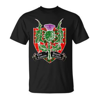 Clan Cameron Surname Last Name Scottish Tartan Thistle Motto Funny Last Name Designs Funny Gifts Unisex T-Shirt | Mazezy