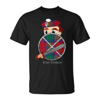 Clan Lindsay Surname Last Name Scottish Tartan Crest Funny Last Name Designs Funny Gifts Unisex T-Shirt | Mazezy