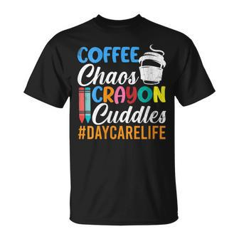 Coffee Chaos Crayons & Cuddles Funny Daycare Teacher Graphic Unisex T-Shirt | Mazezy