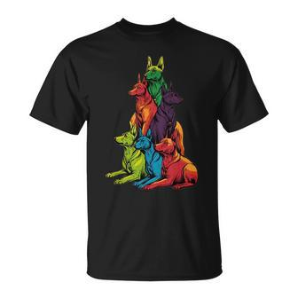 Colorful Lgbt Pride Doberman Pinscher Dog Pile Unisex T-Shirt | Mazezy
