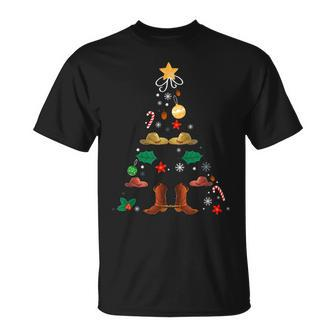 Cowboy Christmas Tree Boots Cowgirl Xmas Western West Gift Unisex T-Shirt | Mazezy