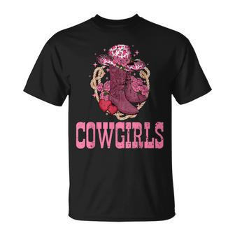 Cowgirls Pink Cowboy Hat Boots Western Cowgirls Rodeo Rodeo Funny Gifts Unisex T-Shirt | Mazezy