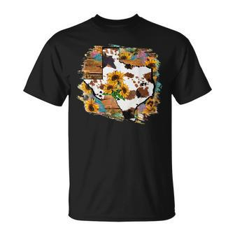 Cowhide Sunflower Texas State Map Western Rodeo Cowgirl Girl Unisex T-Shirt | Mazezy AU