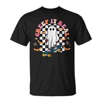 Creep It Real Skateboarder Ghost Vintage Retro Halloween IT Funny Gifts Unisex T-Shirt | Mazezy