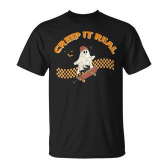 Creep It Real Skateboarding Ghost Halloween Costume Retro T-Shirt | Mazezy DE