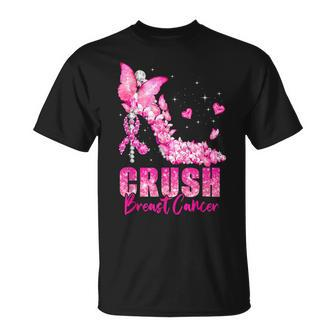 Crush Breast Cancer Awareness Month High Heel Pink Butterfly T-Shirt - Monsterry CA