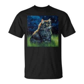 Cute Asian Semi-Longhair Cat In A Starry Sky Night Painting T-Shirt | Mazezy