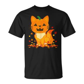 Cute Cat Face Jack O Lantern Pumpkin Halloween Autumn Fall T-Shirt - Seseable