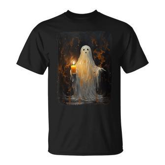Cute Ghost Holding Candle Halloween Gothic Vintage T-Shirt | Mazezy