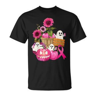 Cute Ghosts And Pink Ribbon Pumpkins Breast Cancer Awareness T-Shirt - Monsterry