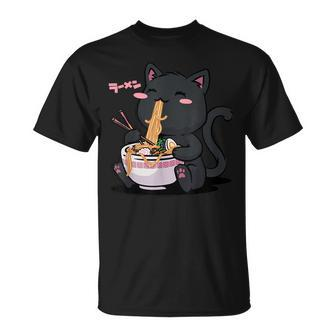 Cute Kawaii Cat Ramen Noodles Anime Black Cat Japanese Unisex T-Shirt - Monsterry UK