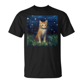 Cute Minuet Cat In A Starry Sky Night Painting T-Shirt | Mazezy