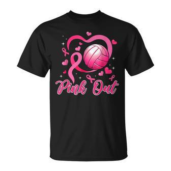 Cute Pink Out Volleyball Breast Cancer Awareness Pink Ribbon T-Shirt - Seseable