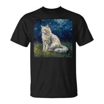 Cute Turkish Angora Cat In A Starry Sky Night Painting Unisex T-Shirt | Mazezy