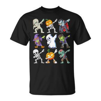 Dabbing Skeleton Pumpkin Ghost Halloween Humor Novelty T-Shirt | Mazezy