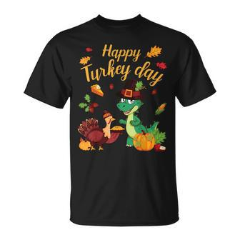 Dinosaur Dancing Pie Pumpkin Happy Turkey Day Thanksgiving T-Shirt | Mazezy
