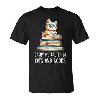 Easily Distracted By Cats And Books Cat & Book Lover T-Shirt - Monsterry AU