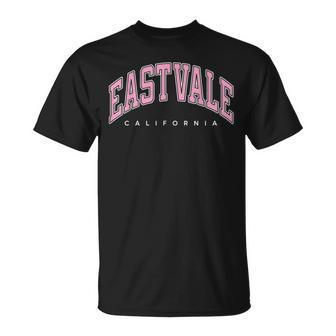 Eastvale California Ca Varsity Style Pink Text T-Shirt | Mazezy