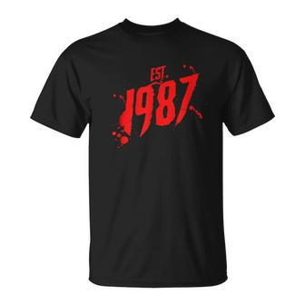 Est 1987 80'S Style Slasher Horror Movie Birth Year Slasher T-Shirt | Mazezy