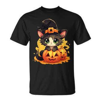 Fall Autumn Season Lazy Halloween Costume Kawaii Pumpkin Cat T-Shirt - Seseable