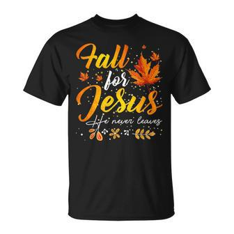 Fall For Jesus He Never Leaves Autumn Christian Prayer T-Shirt - Seseable