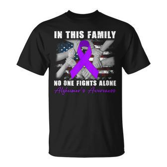 In This Family No One Fight Alone Alzheimers Awareness Month T-Shirt | Mazezy