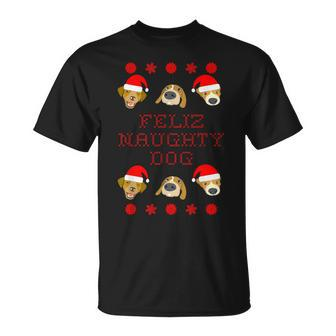 Feliz Naughty Dog Ugly Christmas Sweater-Style T-Shirt | Mazezy