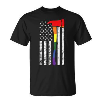 Firefighter American Flag Lgbt-Q Gay Pride Flag Fireman Ally Unisex T-Shirt | Mazezy