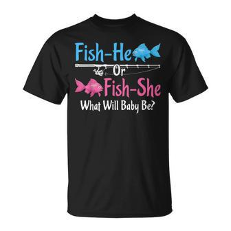 Fish-He Or Fish-She Gender Reveal Baby Shower Party Fishing T-Shirt | Mazezy