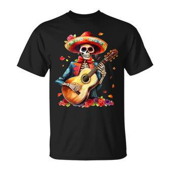 Floral Guitar Dia De Los Muertos Cute Mariachi Day Of Dead T-Shirt - Seseable