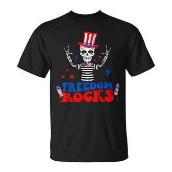 Freedom Rocks Skeleton American Flag Independence Day 1776 1776 Funny Gifts Unisex T-Shirt | Mazezy