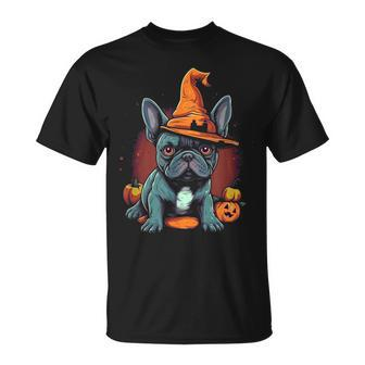 French Bulldog Witch Hat Halloween Costume Dog Lover Puppy T-Shirt | Mazezy