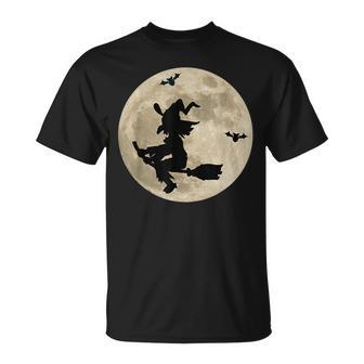 Full Moon Witch On Broomstick Bats Space Halloween Halloween T-Shirt | Mazezy