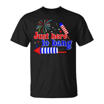 Funny 4Th Of July Fireworks Just Here To Bang American Flag Unisex T-Shirt - Monsterry CA
