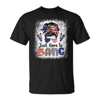Funny 4Th Of July Just Here To Bang Messy Bun American Flag Unisex T-Shirt - Monsterry