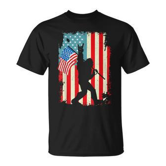 Funny Bigfoot Rock And Roll Usa Flag Fourth 4Th Of July Unisex T-Shirt - Monsterry DE
