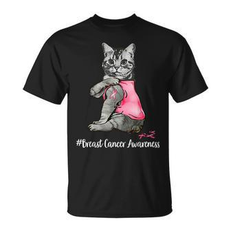 Cat Pink Ribbon In October We Wear Pink Breast Cancer T-Shirt - Seseable
