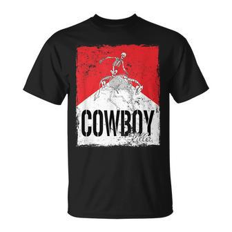 Funny Cowboy Killer Western Rodeo Skeleton Bull Horn Skull Rodeo Funny Gifts Unisex T-Shirt | Mazezy