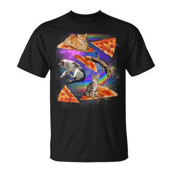 Funny Galaxy Cat In Space Cat Riding Pizza Unisex T-Shirt - Monsterry