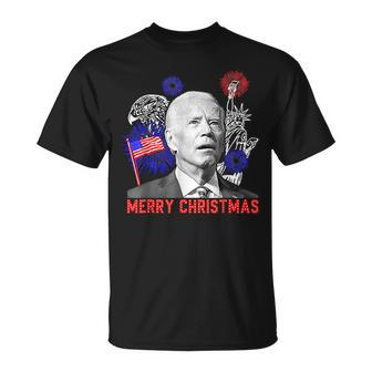 Funny Joe Biden Merry Christmas In July Usa Flag 4Th Of July Usa Funny Gifts Unisex T-Shirt | Mazezy CA