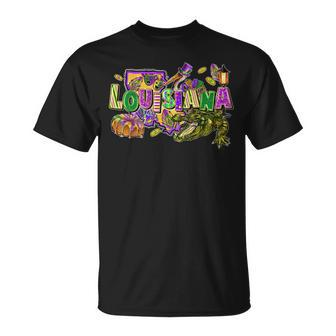 Funny Mardi Gras Louisiana Crawfish Crocodile Pelican Unisex T-Shirt - Seseable