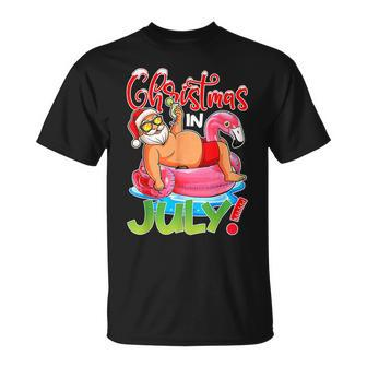Funny Santa Flamingo Float Christmas In July Summer Vacation Flamingo Funny Gifts Unisex T-Shirt | Mazezy