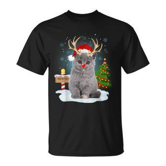 Ugly Sweater Cat Reindeer North Pole Christmas T-Shirt | Mazezy