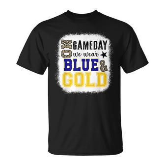 On Gameday Football We Wear Gold And Blue Leopard Print T-Shirt | Mazezy