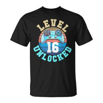 Gamer Boy Level 16 Unlocked Video Game 16Th Birthday Funny Birthday Gifts Unisex T-Shirt | Mazezy